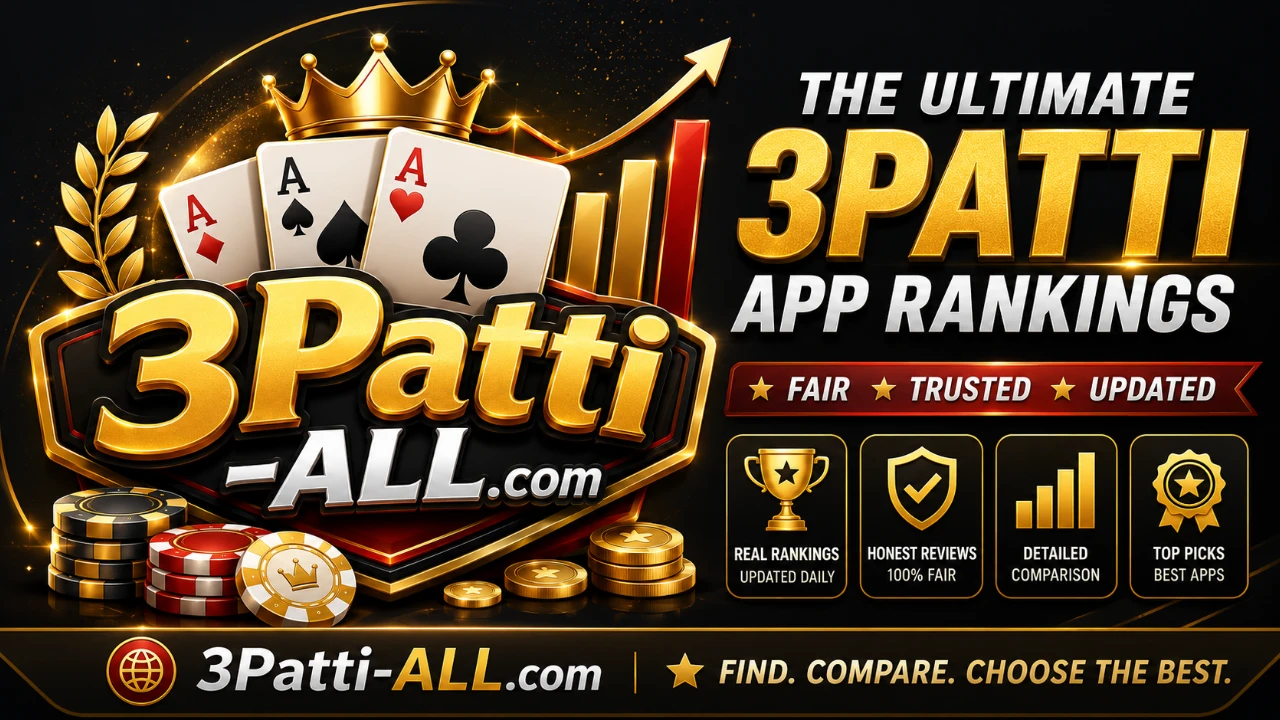 3 Patti All dark leaderboard banner with gold rank accents and red highlight beams, abstract luxury casino aesthetic, no logos or download buttons