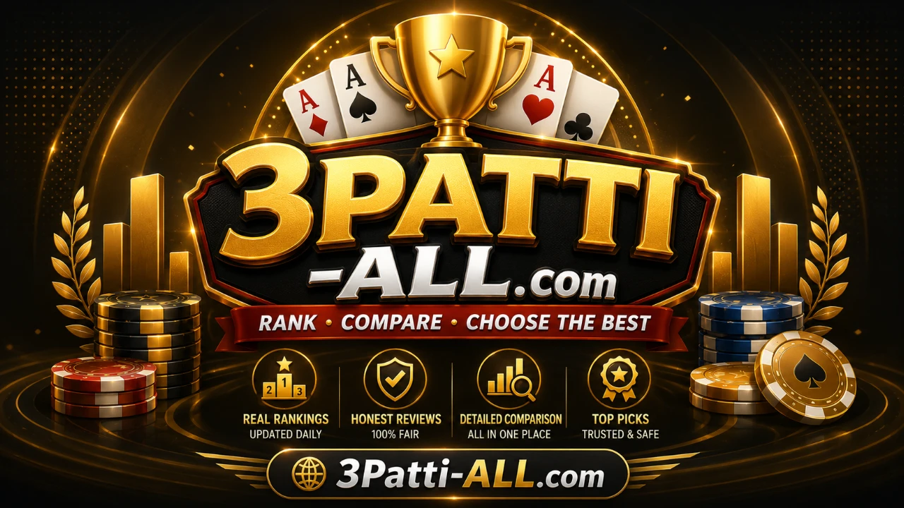 3 Patti All premium grid banner with deep black panels, gold tier markers, and subtle red glow, abstract Teen Patti table motif without brand marks